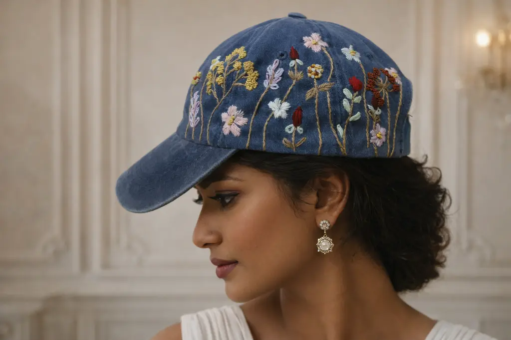 Elegant portrait with floral cap.webp