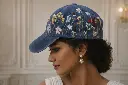 Elegant portrait with floral cap.webp