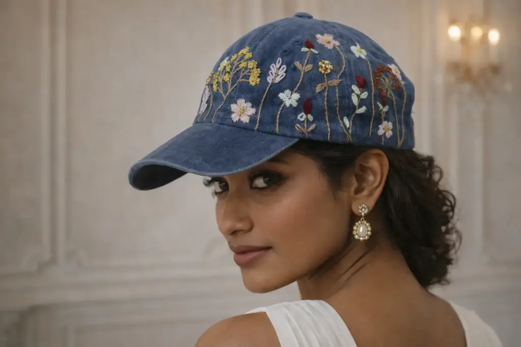 Hand stitched denim cap